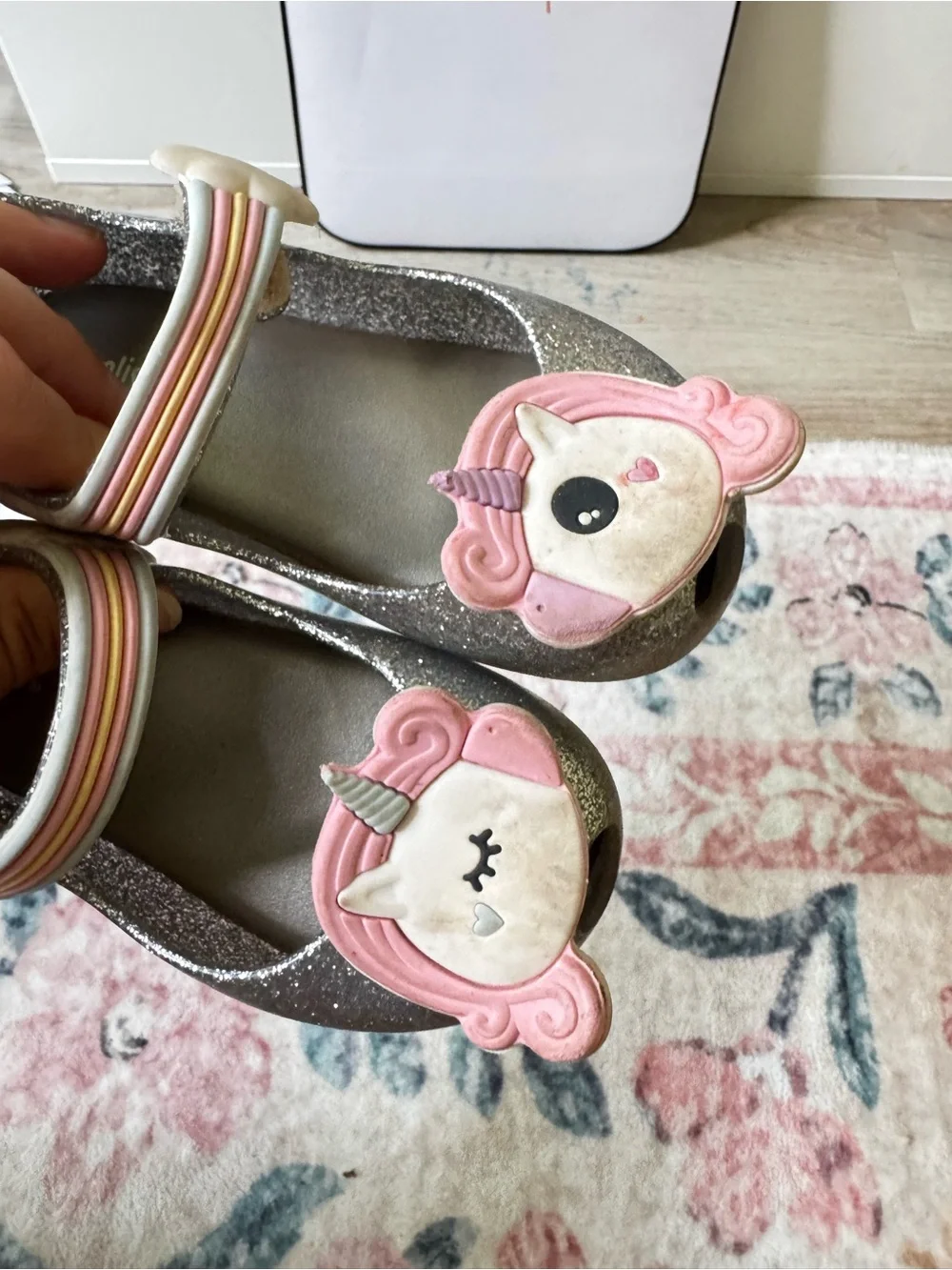 Mini Melissa Silver Glitter Mary Jane Shoes with Pink Unicorn Appliques